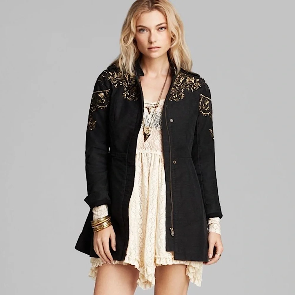 Free People Sargeant Floral Embroidered Embellished Military Coat Black 2‎